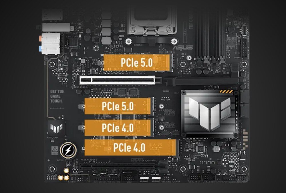 Obraz przedstawia płytę główną z oznaczeniami PCIe 5.0 i PCIe 4.0 na różnych slotach. Widoczne jest logo producenta oraz napis \'GET TUF. GAME TOUGH.\'.