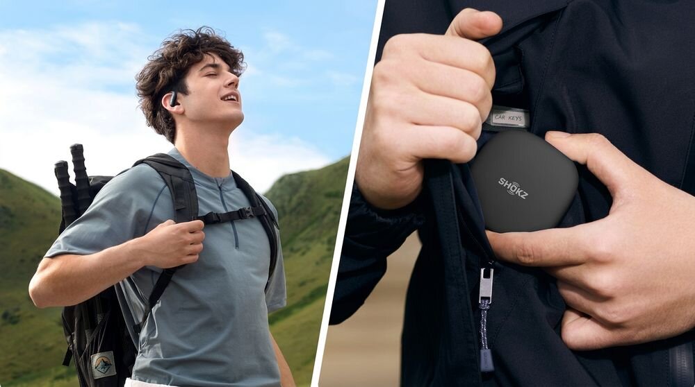 Słuchawki powietrzne SHOKZ OpenFit Air 2, 10,5% mniejsze, 17,6% lżejsze, przetwornik 30°, osoba z założonym,i słuchawkami