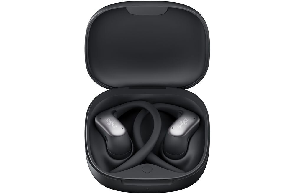 Słuchawki powietrzne SHOKZ OpenFit Air 2, aplikacja Shokz, personalizacja EQ, sterowanie, parowanie wielopunktowe, słuchawki z etui ładującym na białym tle