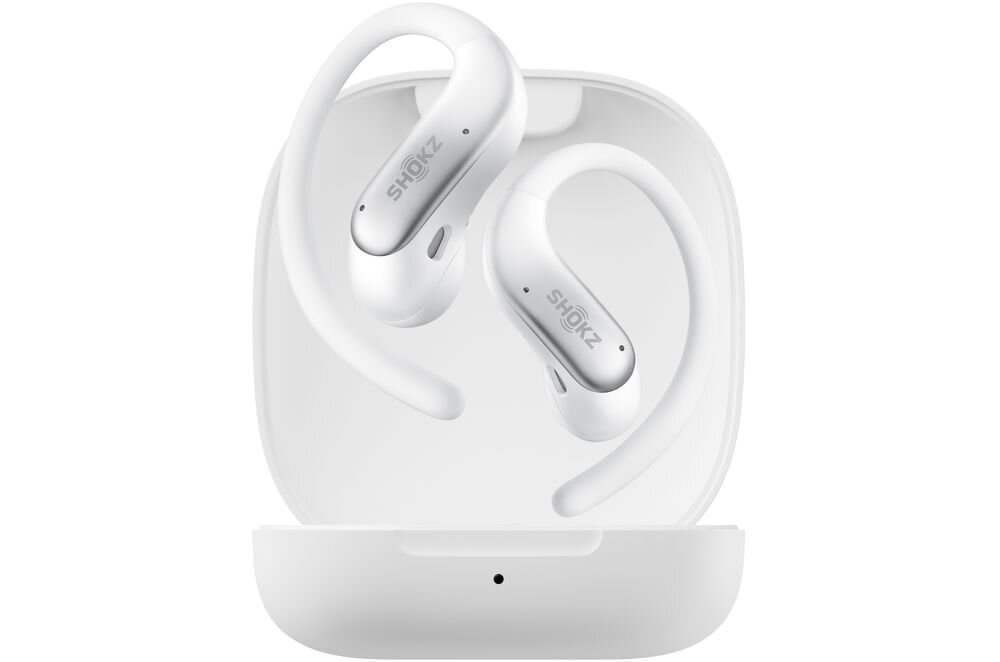Słuchawki powietrzne SHOKZ OpenFit Air 2, 7,2 g, stop Ni-Ti 0,75 mm, ergonomiczny zaczep na ucho, słuchawki wraz z etui ładującym na białym tle