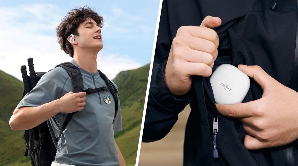 Słuchawki powietrzne SHOKZ OpenFit Air 2, 10,5% mniejsze, 17,6% lżejsze, przetwornik 30°, osoba z założonym,i słuchawkami