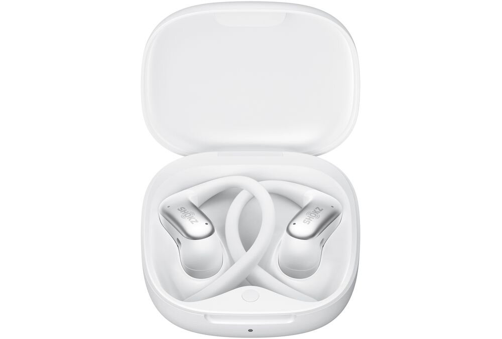Słuchawki powietrzne SHOKZ OpenFit Air 2, aplikacja Shokz, personalizacja EQ, sterowanie, parowanie wielopunktowe, słuchawki z etui ładującym na białym tle