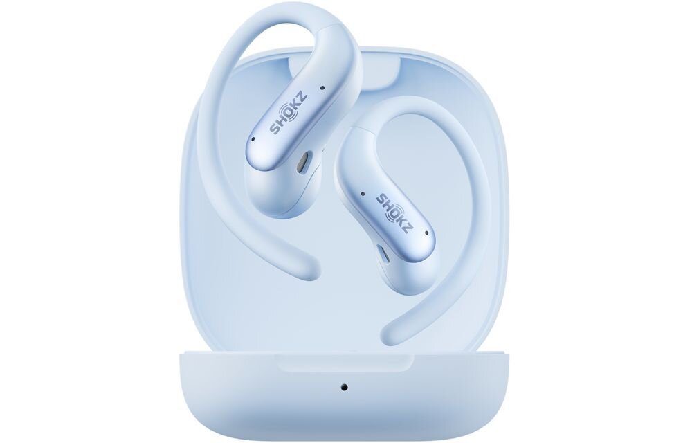 Słuchawki powietrzne SHOKZ OpenFit Air 2, 7,2 g, stop Ni-Ti 0,75 mm, ergonomiczny zaczep na ucho, słuchawki wraz z etui ładującym na białym tle