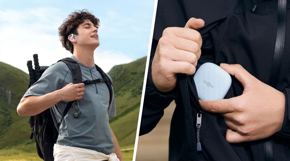 Słuchawki powietrzne SHOKZ OpenFit Air 2, 10,5% mniejsze, 17,6% lżejsze, przetwornik 30°, osoba z założonym,i słuchawkami