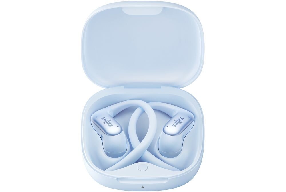 Słuchawki powietrzne SHOKZ OpenFit Air 2, aplikacja Shokz, personalizacja EQ, sterowanie, parowanie wielopunktowe, słuchawki z etui ładującym na białym tle