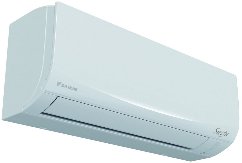 Na obrazie widoczny jest biały klimatyzator ścienny z logo \'DAIKIN\' oraz napisem \'Siesta\'.