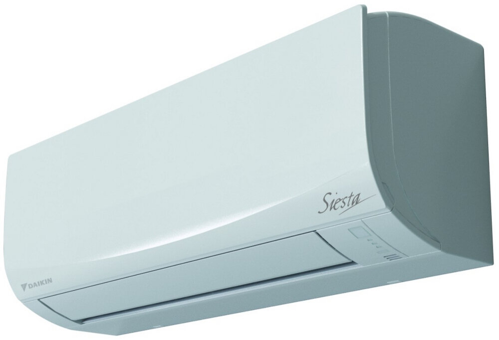 Na obrazie widoczny jest biały klimatyzator ścienny z logo \'DAIKIN\' oraz napisem \'Siesta\'.