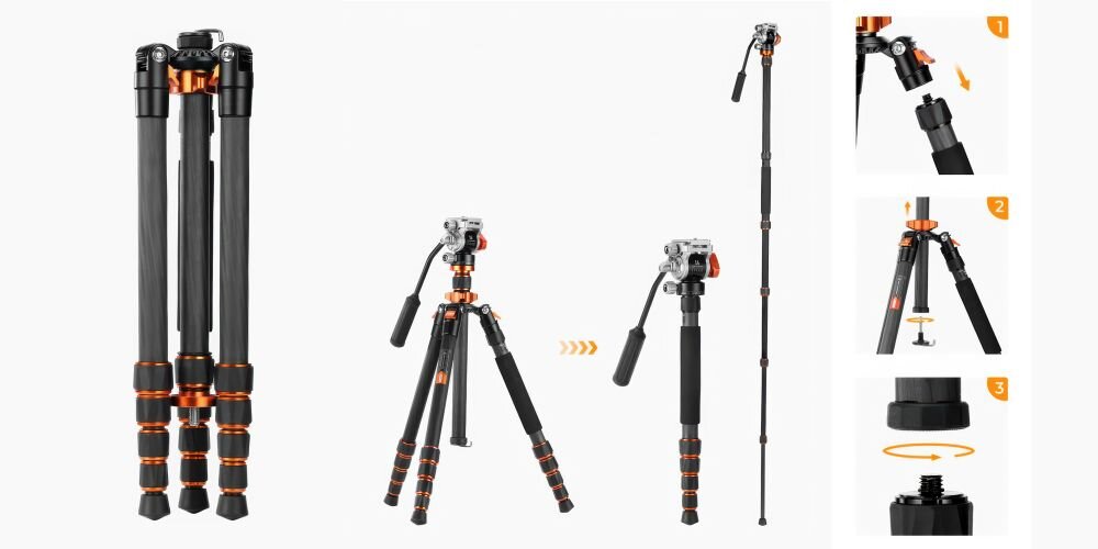 Statyw video K&F Concept O255C4 w wielu ujęciach na szarym tle, m. in. ujęcia zmiany statywu w monopod
