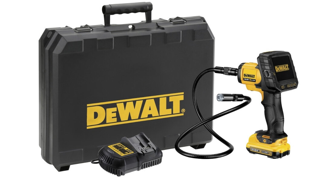 Kamera inspekcyjna DEWALT DCT410D1 zalety bezprzewodowy ekran zapisywanie na karcie microSD ddoskonala widocznosc pola wygodna praca