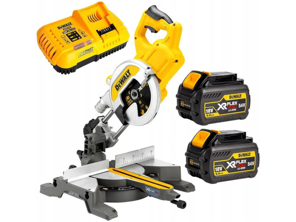 Pilarka ukosowa DEWALT DCS778T2 zasilanie silnik bezszczotkowy akumulator Li-Ion z serii 54 V maksymalna prędkość obrotowa bez obciążenia do 4300 obr/min bazuje na certyfikowanych komponentach