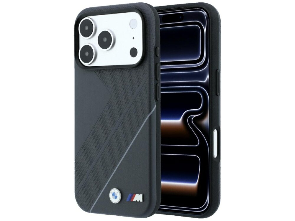 Etui na telefon w kolorze antracytowym z teksturą przypominającą ślad opony i srebrną linią, posiada logo BMW M. Obok etui widoczny jest telefon z wyświetlaczem pokazującym abstrakcyjny wzór.