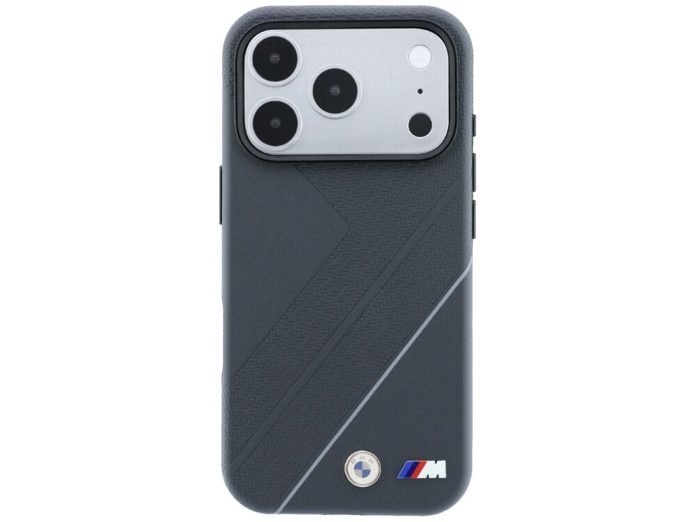 Etui na telefon w kolorze antracytowym z teksturą przypominającą ślad opony i srebrną linią. Widoczne logo \'M\' oraz okrągłe logo z niebiesko-białymi elementami.