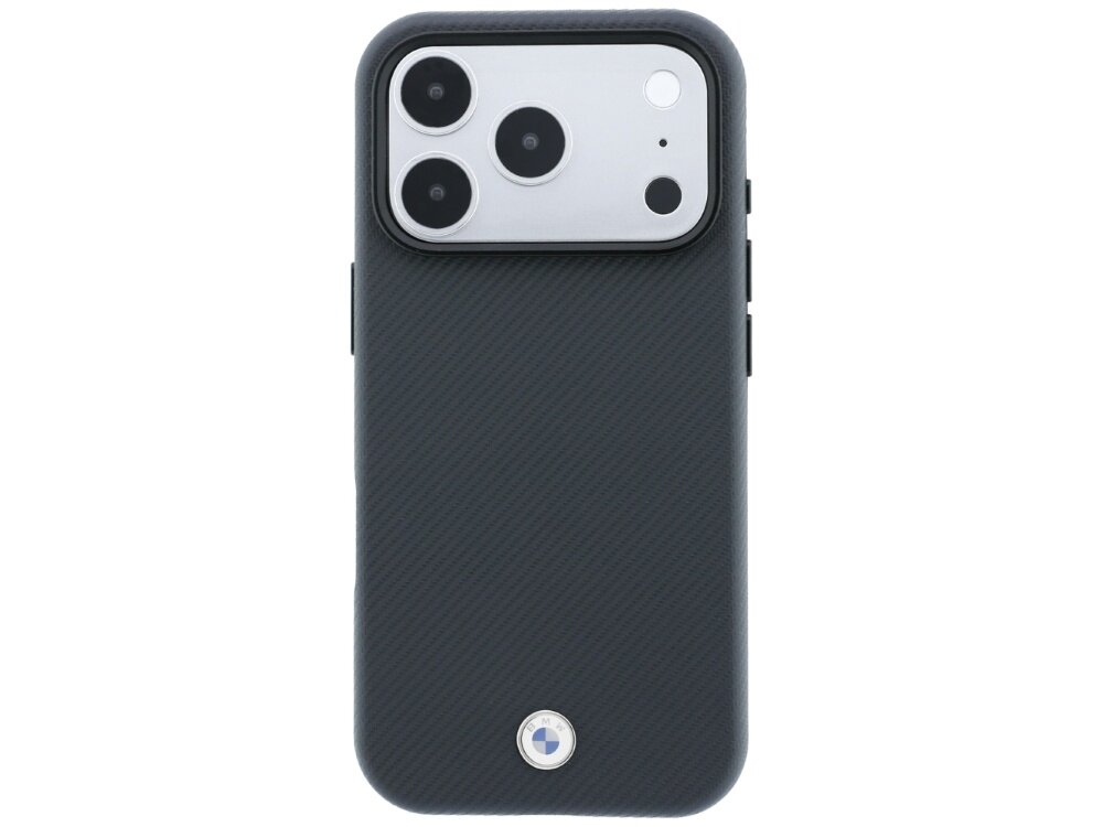Etui na telefon w kolorze antracytowym z trzema dużymi otworami na aparaty fotograficzne. Na dole widoczne jest logo BMW.