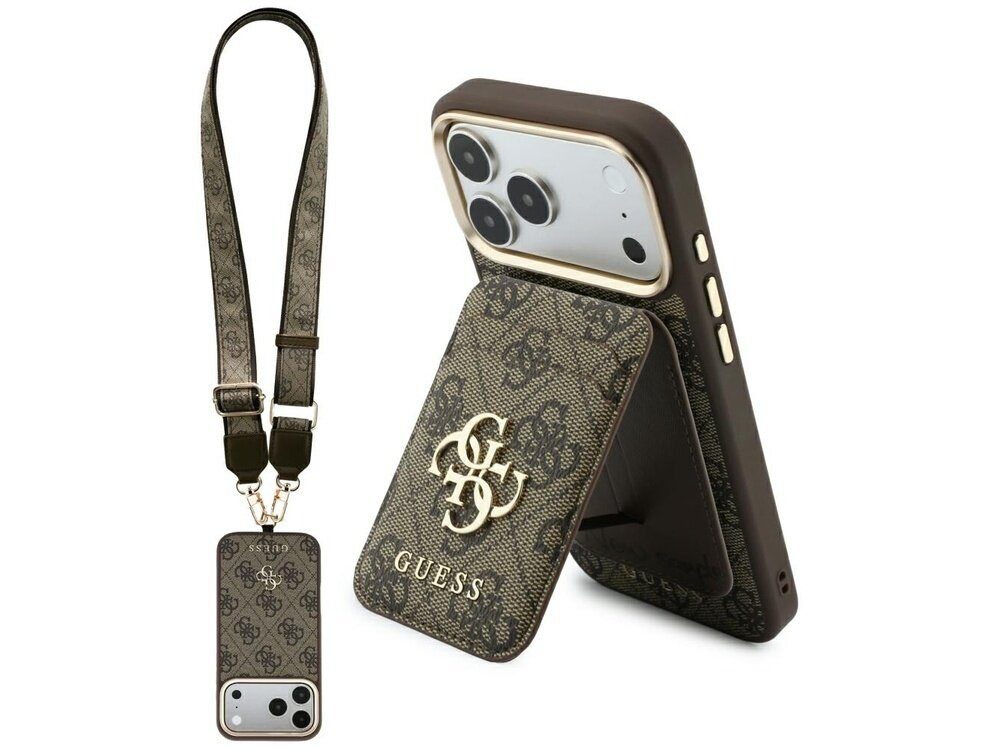 Brązowe etui na telefon z logo GUESS, ozdobione wzorem 4G, z funkcją stojaka. W zestawie znajduje się również smycz i portfel w tym samym stylu.