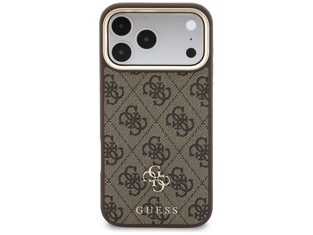 Brązowe etui na telefon z wzorem 4G i logo GUESS na dole. Etui posiada wycięcia na aparat i inne elementy telefonu.