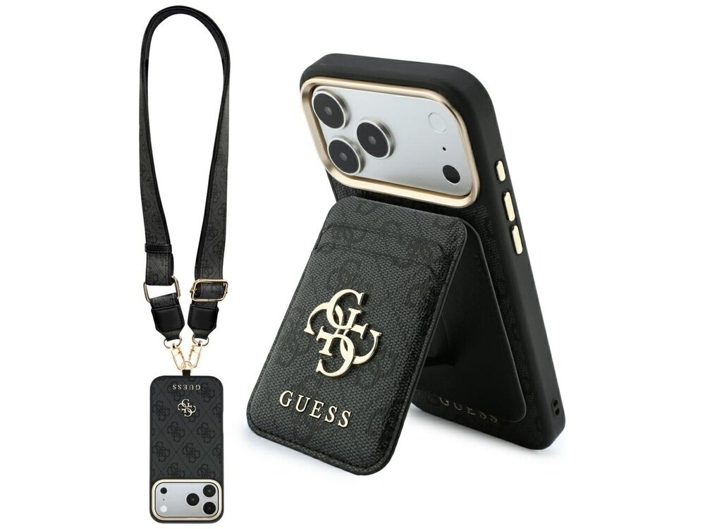 Czarne etui na telefon z logo GUESS, posiada funkcję MagSafe i jest wyposażone w portfel oraz smycz. Etui ma złote akcenty wokół aparatu i przycisków.