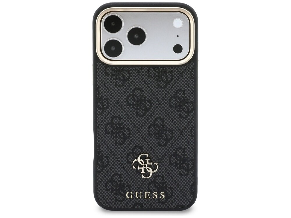 Czarne etui z wzorem 4G i logo GUESS w kolorze złotym, przeznaczone do telefonu z trzema aparatami i lampą błyskową. Etui posiada złotą ramkę wokół aparatu.