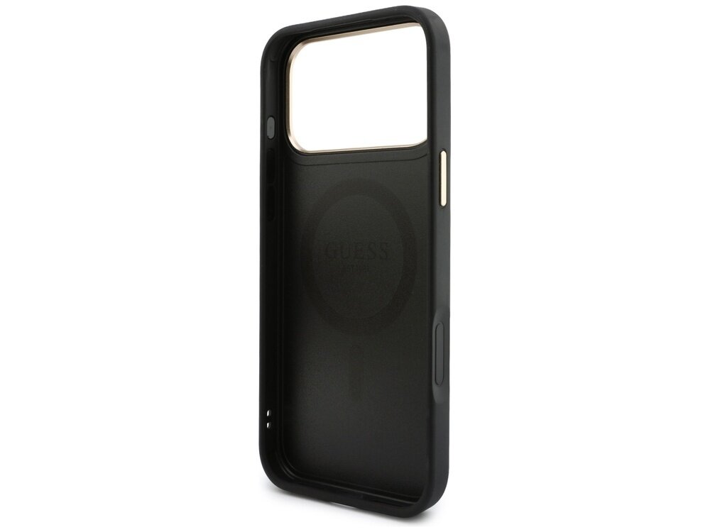 Czarne etui na telefon z dużym otworem na aparat i napisem \'GUESS\' wewnątrz. Etui ma wycięcia na przyciski i porty.