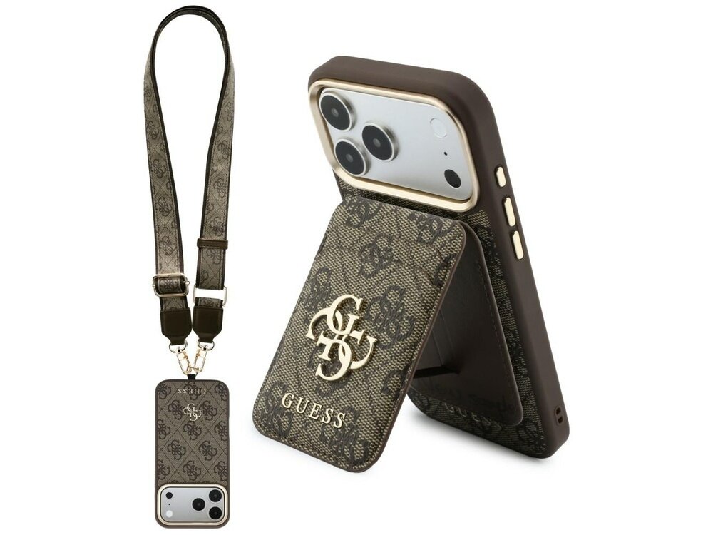 Brązowe etui na telefon z logo GUESS, ozdobione wzorem 4G, z funkcją stojaka. W zestawie znajduje się również smycz i portfel w tym samym stylu.