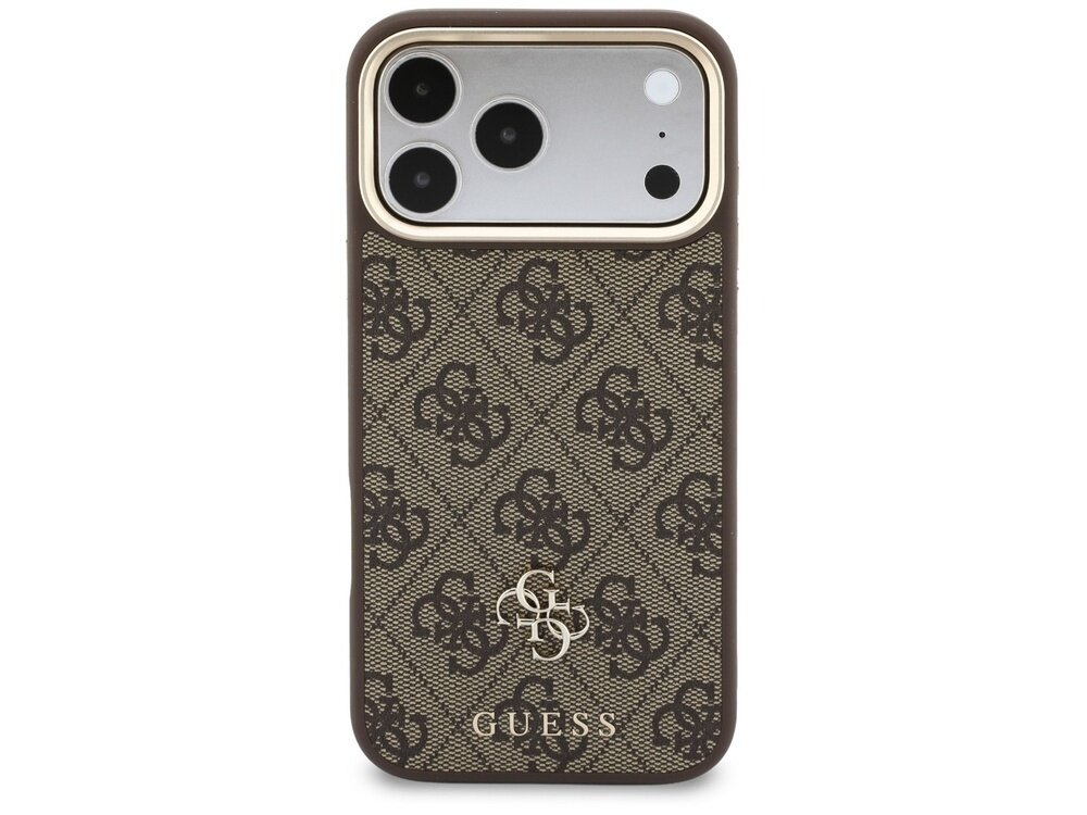 Etui na telefon w kolorze brązowym z wzorem 4G i logo GUESS na dole. Etui posiada wycięcia na aparat i przyciski.