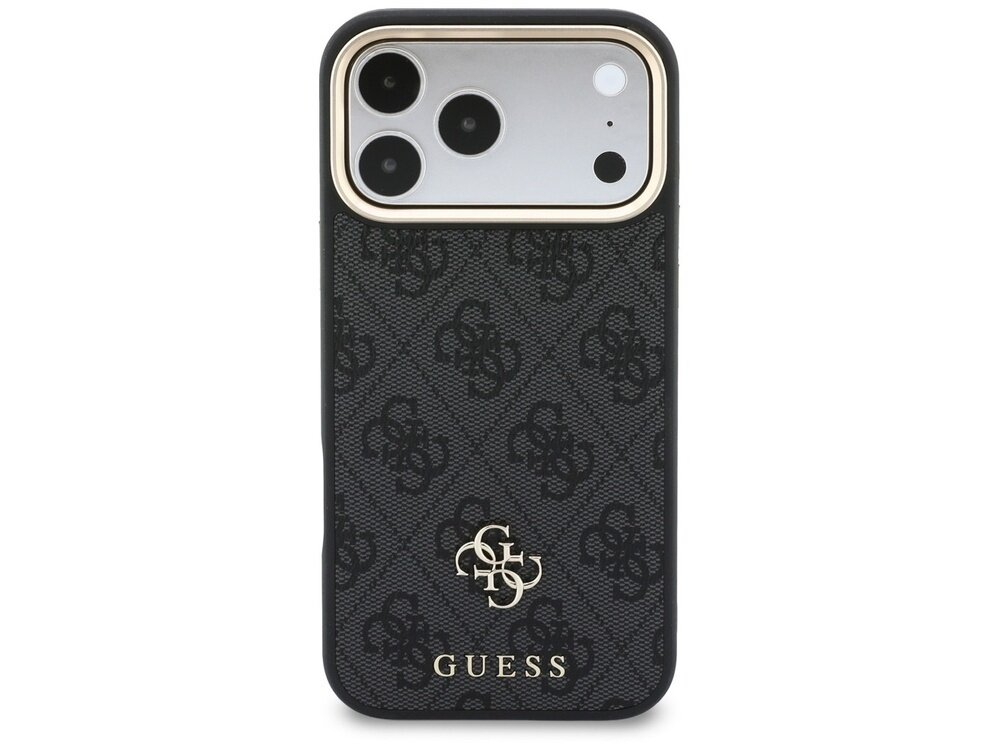 Czarne etui na telefon z wzorem 4G i logo GUESS w kolorze złotym. Etui posiada wycięcia na aparat i inne elementy telefonu.