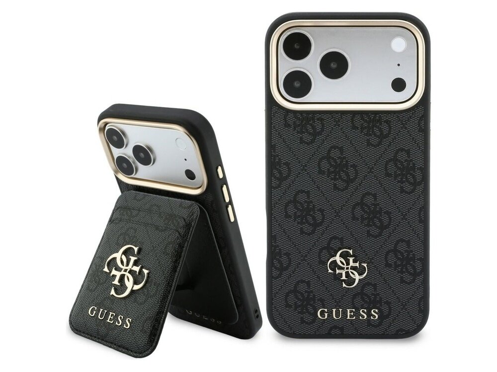 Czarne etui na telefon z wzorem 4G i logo GUESS, posiada funkcję MagSafe oraz dodatkowy portfel. Etui jest przeznaczone do modeli Apple iPhone 17 Pro Max/18 Pro Max.