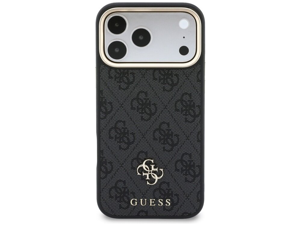 Czarne etui na telefon z wzorem 4G i logo GUESS w dolnej części. Etui posiada wycięcia na trzy obiektywy aparatu i inne elementy telefonu.