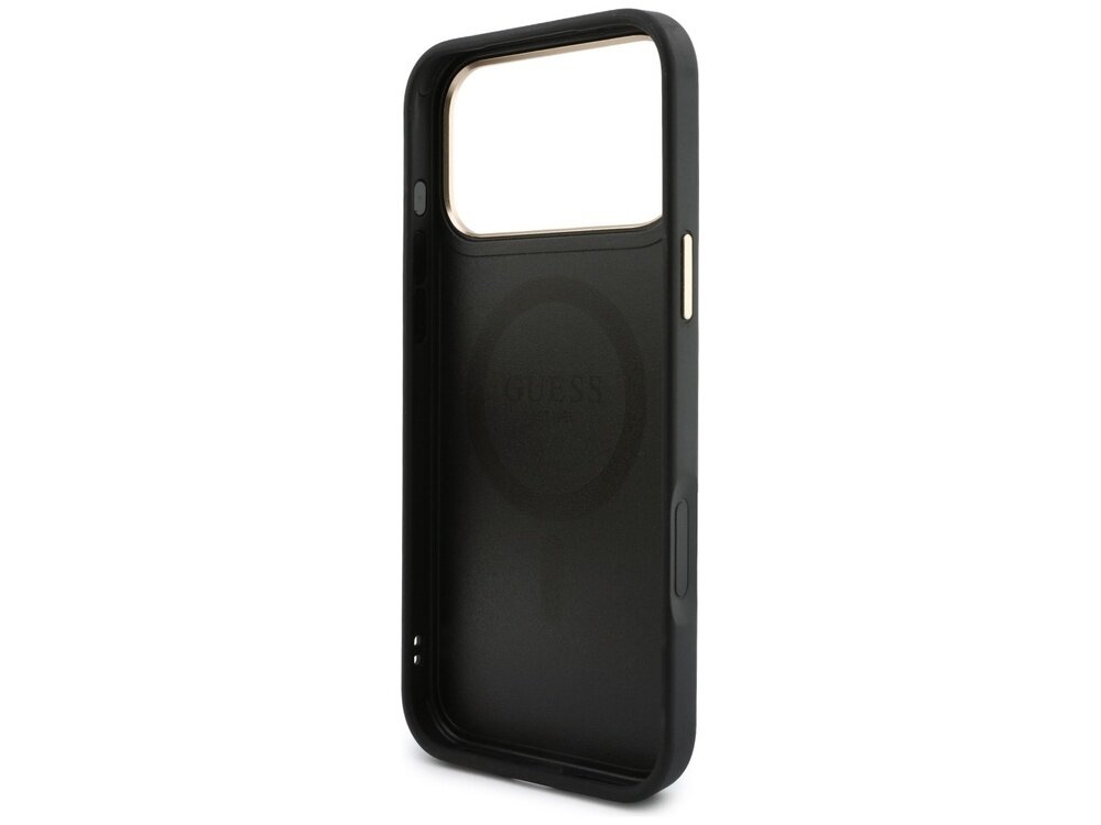 Czarne etui na telefon z dużym otworem na aparat i napisem \'GUESS\' wewnątrz. Etui ma wycięcia na przyciski i porty.