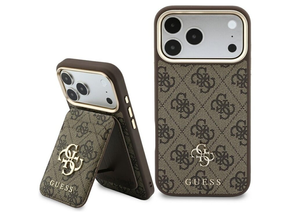 Brązowe etui na telefon z wzorem 4G i logo GUESS, posiada funkcję stojaka. Etui jest przeznaczone do Apple iPhone 17 Pro Max/18 Pro Max i ma funkcję MagSafe.