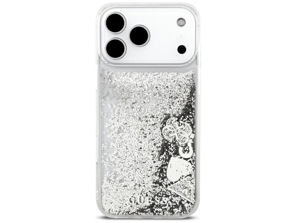 Etui na telefon z przezroczystego materiału z brokatem i zawieszkami w kształcie serca i logo. Na dole widoczny napis \'GUESS\'.