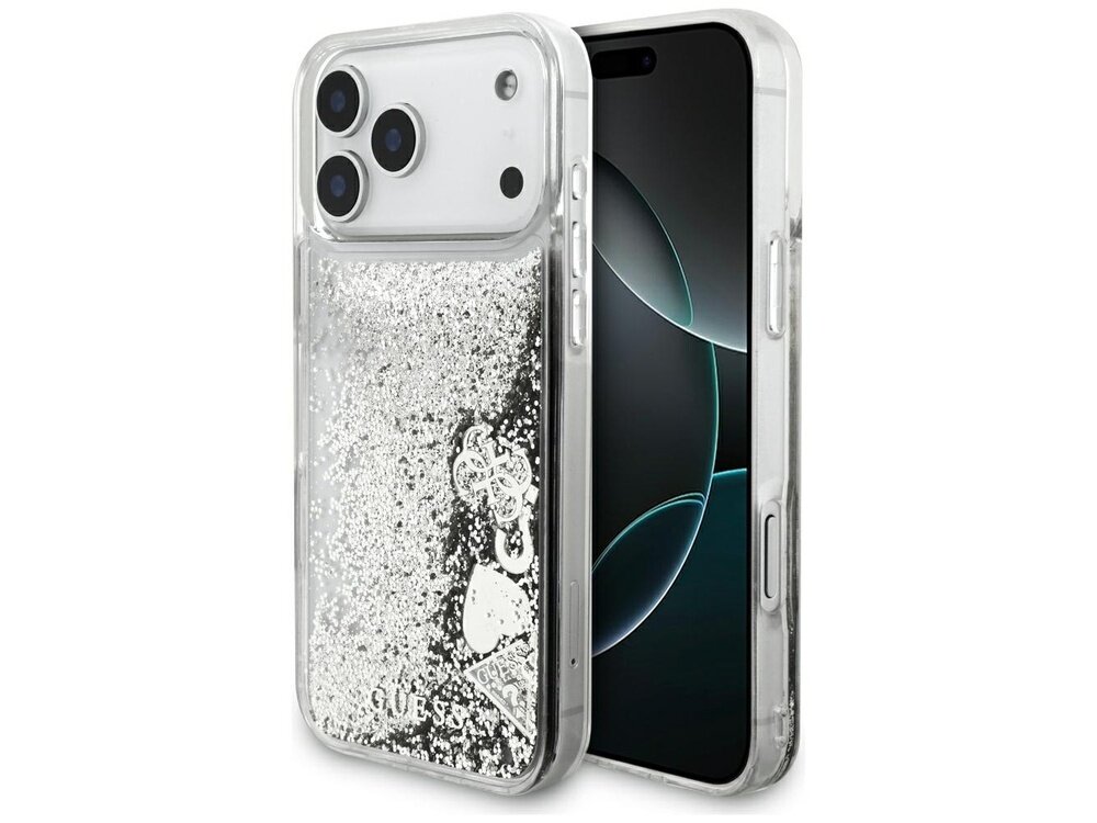 Etui na telefon z przezroczystego materiału z brokatem i zawieszkami, widoczne logo GUESS. Obok etui znajduje się telefon z wyświetlaczem pokazującym abstrakcyjny wzór.