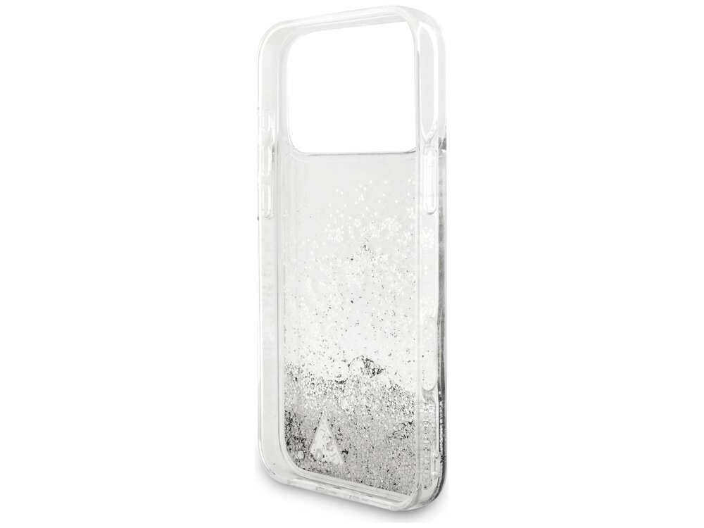 Przezroczyste etui na telefon z brokatowym wzorem i logo GUESS na dole. Etui ma wycięcie na aparat i przyciski boczne.