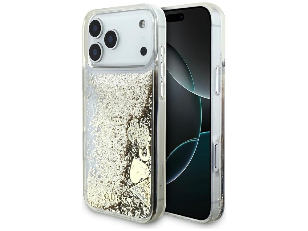 Etui na telefon z przezroczystego materiału z wypełnieniem brokatowym i złotymi elementami ozdobnymi. Widoczne logo \'GUESS\' na dole etui.