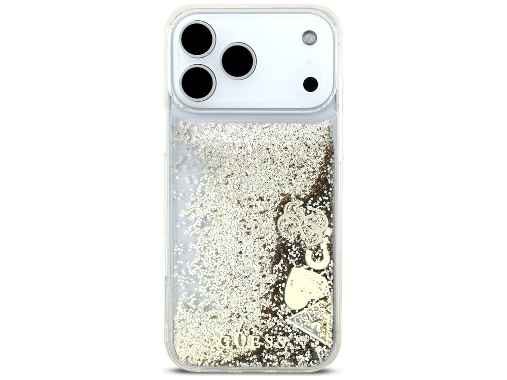 Etui na telefon z przezroczystego materiału z wypełnieniem złotym brokatem i ozdobnymi zawieszkami. Na dole widoczny jest napis \'GUESS\'.