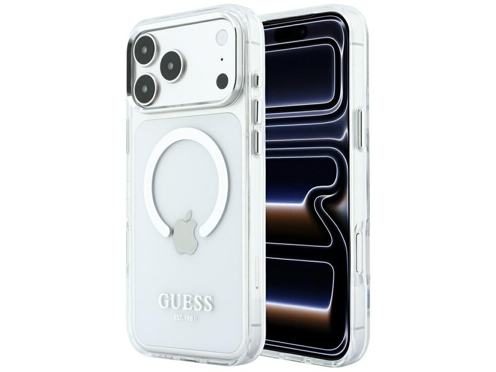 Przezroczyste etui na telefon z trzema dużymi otworami na aparaty oraz logo GUESS EST 1981 i symbolem Apple na tylnej części. Etui posiada okrągły element MagSafe w kolorze srebrnym.