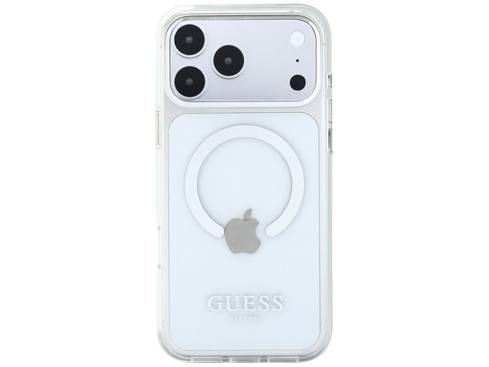 Przezroczyste etui na telefon z trzema widocznymi aparatami i logo Apple na środku. Na dole etui znajduje się napis \'GUESS EST 1981\'.