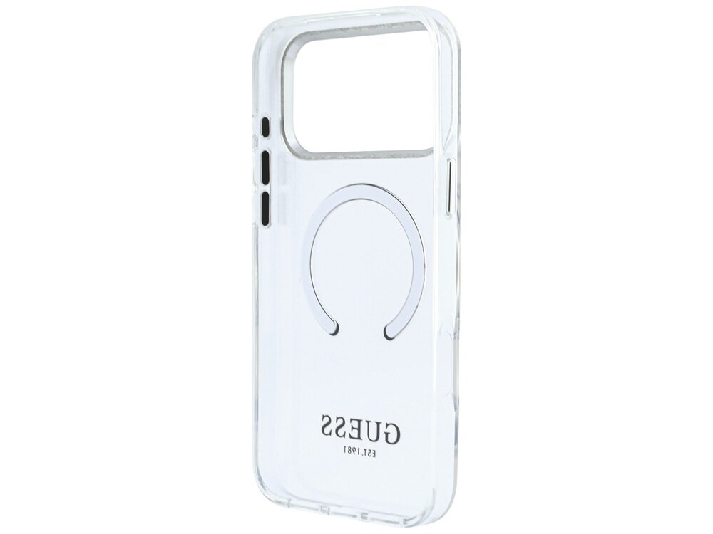 Przezroczyste etui na telefon z dużym otworem na aparat i okrągłym wzorem MagSafe. Na dole widoczny jest napis \'GUESS EST 1981\'.