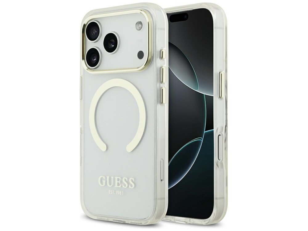 Etui na telefon w kolorze złotym z widocznym logo GUESS EST. 1981 oraz okrągłym wzorem na tylnej części. Obok etui znajduje się telefon z wyświetlaczem pokazującym abstrakcyjny wzór.