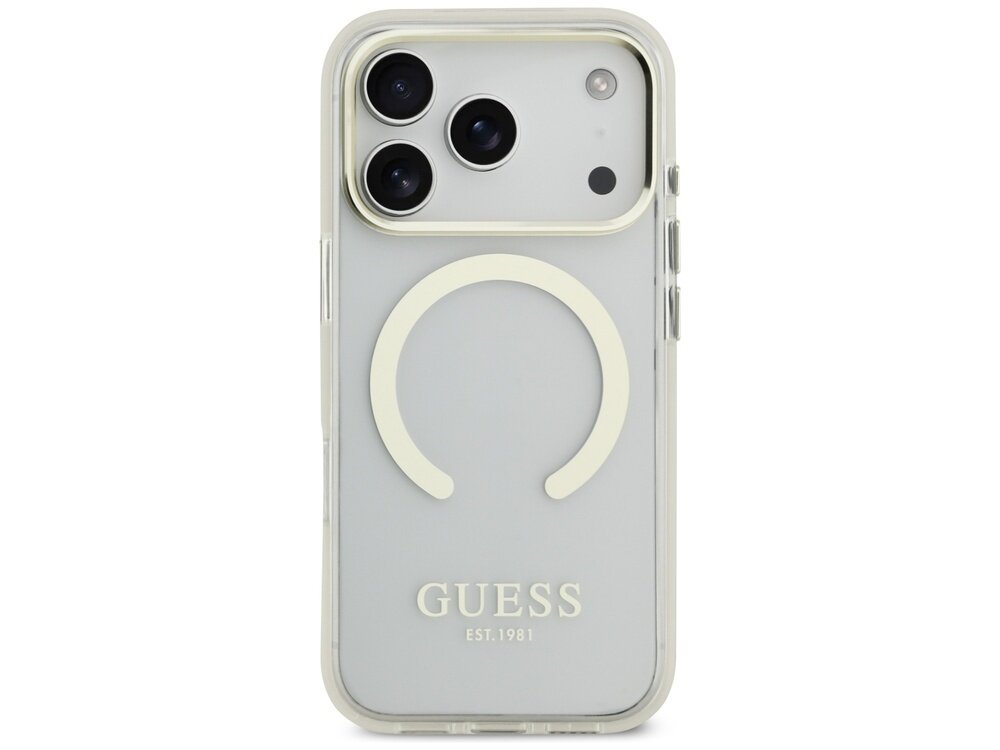 Etui na telefon z trzema otworami na aparaty i napisem \'GUESS EST. 1981\' na dole. Na środku znajduje się okrągły wzór w kolorze złotym.