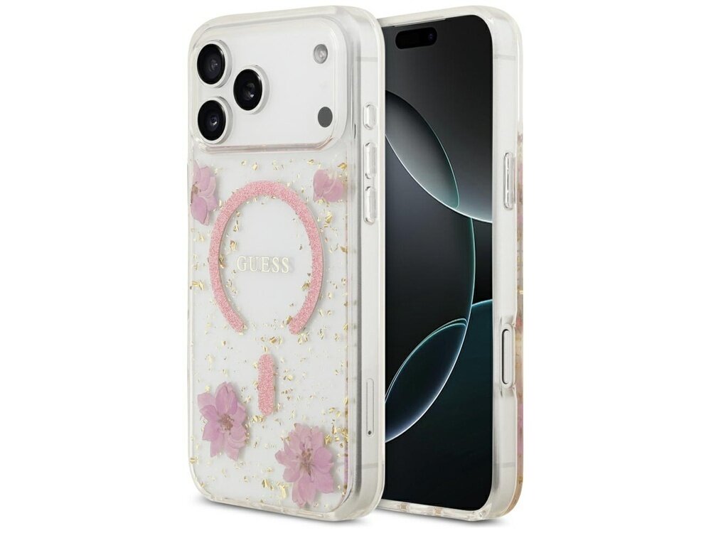 Przezroczysto-różowe etui na telefon z motywem kwiatów i brokatem, z widocznym napisem \'GUESS\'. Etui jest dopasowane do modelu telefonu z trzema aparatami.