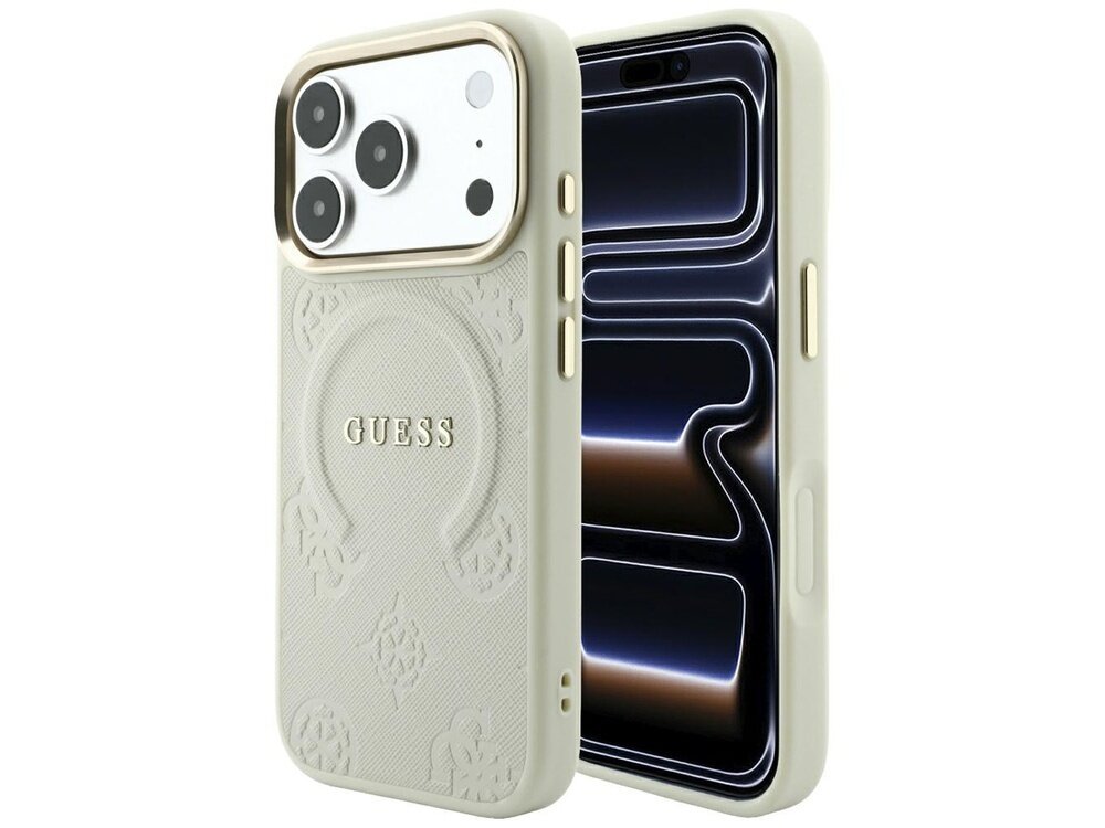 Beżowe etui na telefon z wytłoczonym wzorem i napisem \'GUESS\'. Etui posiada wycięcia na aparat i przyciski boczne.