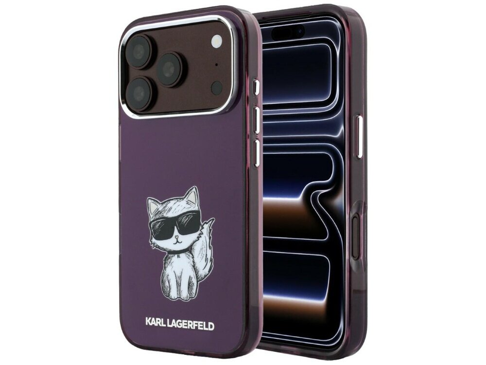 Burgundowe etui na telefon z nadrukiem kota w okularach przeciwsłonecznych. Na dole widoczny jest napis \'KARL LAGERFELD\'.