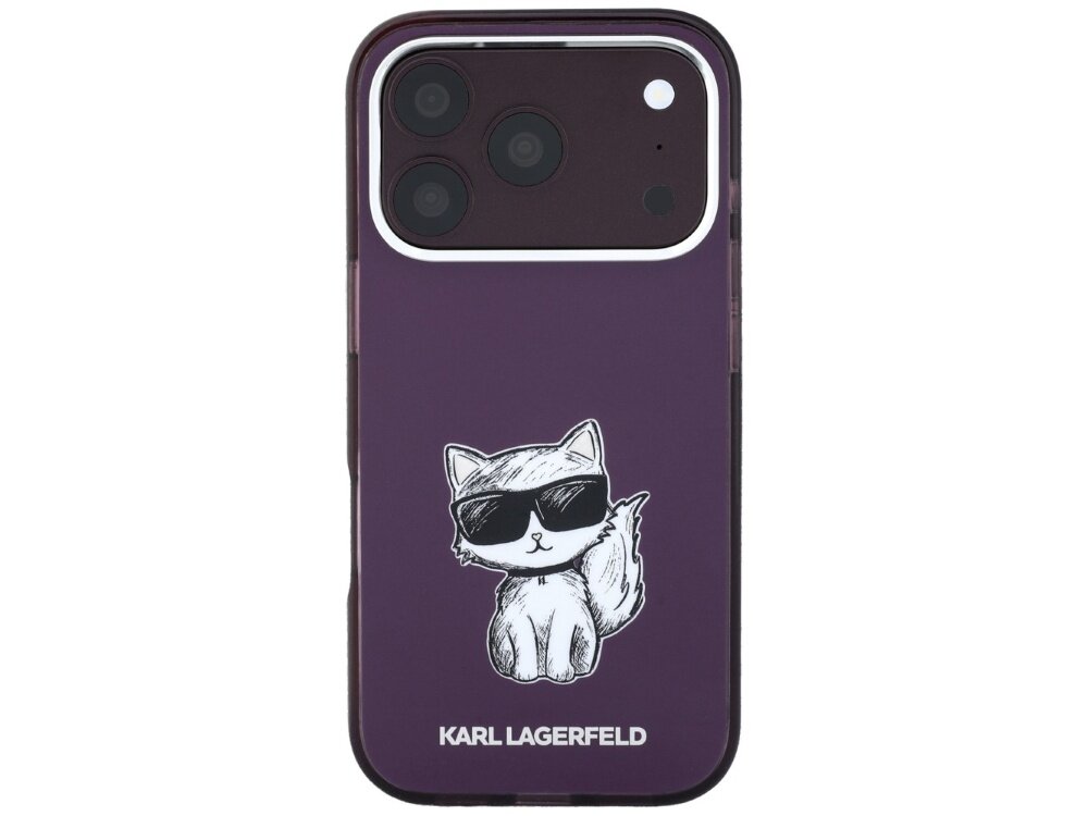 Burgundowe etui na telefon z nadrukiem kota w okularach przeciwsłonecznych. Na dole widoczny jest napis \'KARL LAGERFELD\'.