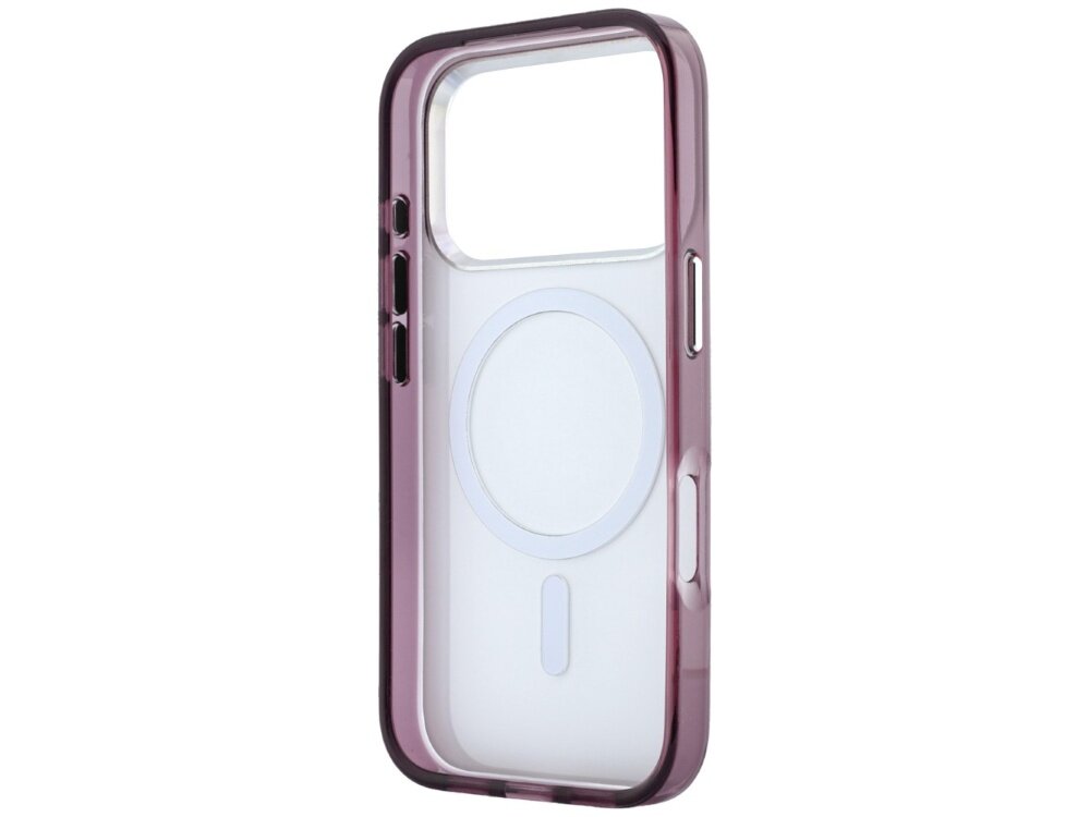 Etui na telefon w kolorze burgundowym z przezroczystym tyłem i widocznym okręgiem MagSafe. Posiada wycięcia na przyciski i aparat.