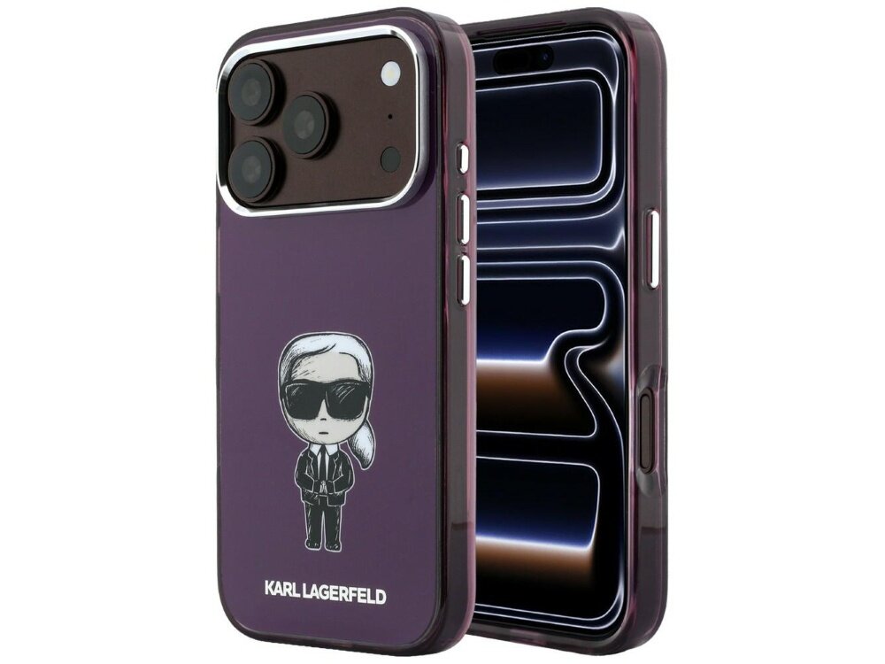 Burgundowe etui na telefon z grafiką postaci w okularach przeciwsłonecznych i napisem \'KARL LAGERFELD\'. Etui jest przeznaczone do telefonu z trzema obiektywami aparatu.