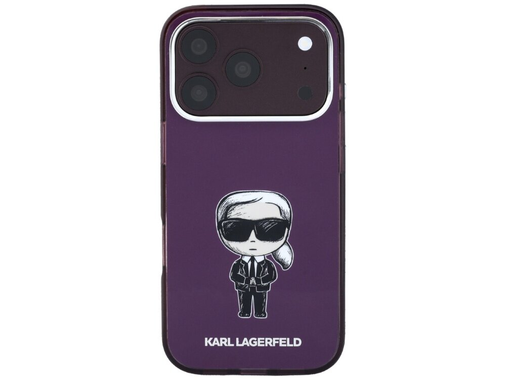 Burgundowe etui na telefon z grafiką postaci w okularach przeciwsłonecznych i napisem \'KARL LAGERFELD\' na dole. W górnej części widoczne są trzy obiektywy aparatu telefonu.