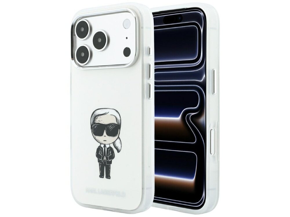 Beżowe etui na telefon z nadrukiem postaci w okularach przeciwsłonecznych i napisem \'KARL LAGERFELD\' na dole. Etui jest przeznaczone do telefonu z trzema obiektywami aparatu.