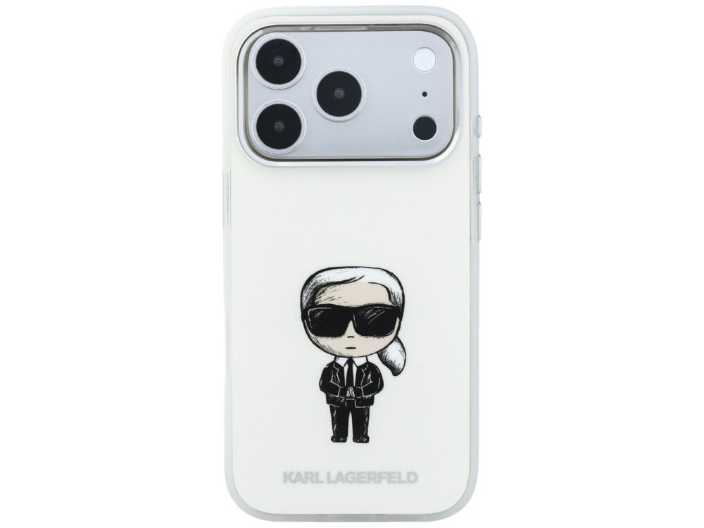 Beżowe etui na telefon z nadrukiem postaci w okularach przeciwsłonecznych i napisem \'KARL LAGERFELD\' na dole. Widoczny jest aparat telefonu z trzema obiektywami.