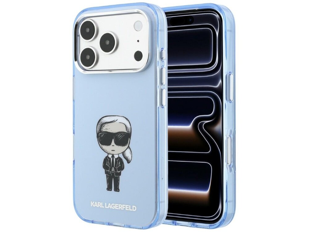 Błękitne etui na telefon z grafiką postaci w okularach przeciwsłonecznych i napisem \'KARL LAGERFELD\'.