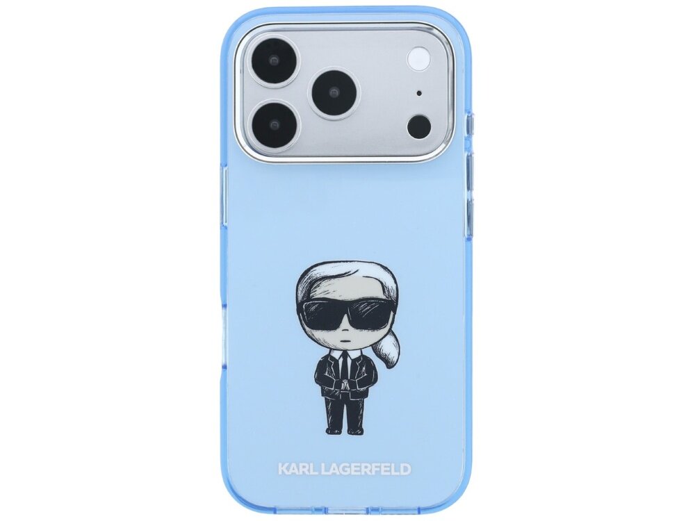 Błękitne etui na telefon z nadrukiem postaci w okularach przeciwsłonecznych i napisem \'KARL LAGERFELD\' na dole. Widoczny jest aparat telefonu z trzema obiektywami.